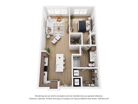 Floor plan for 1 bed, 1 bath, 907 sqft